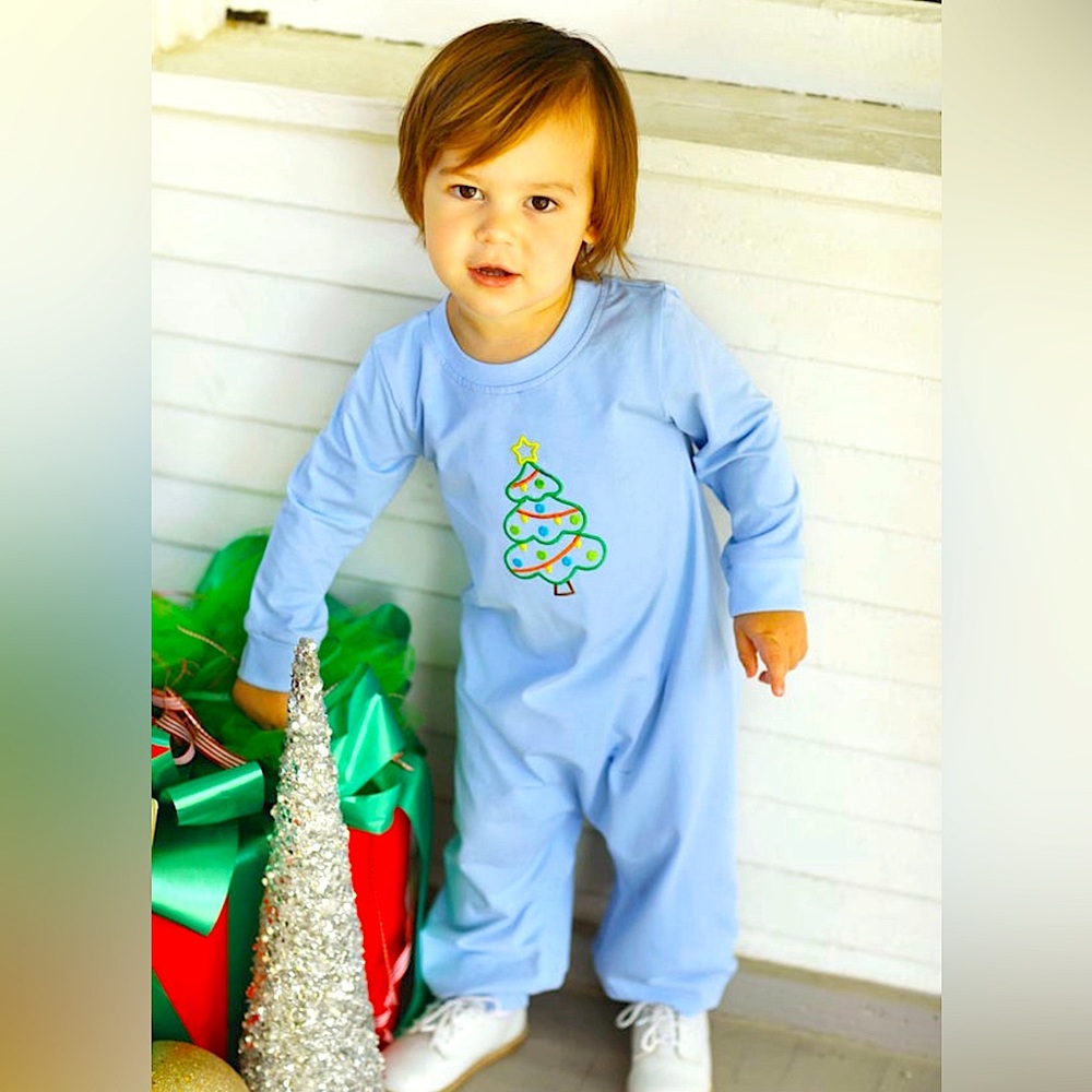 🎄Christmas Tree🎄Embroidered Blue Knit Romper - Unisex NWT! 6 months
